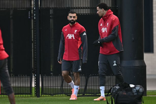 Mohamed Salah and Hugo Ekitike before a Liverpool training session