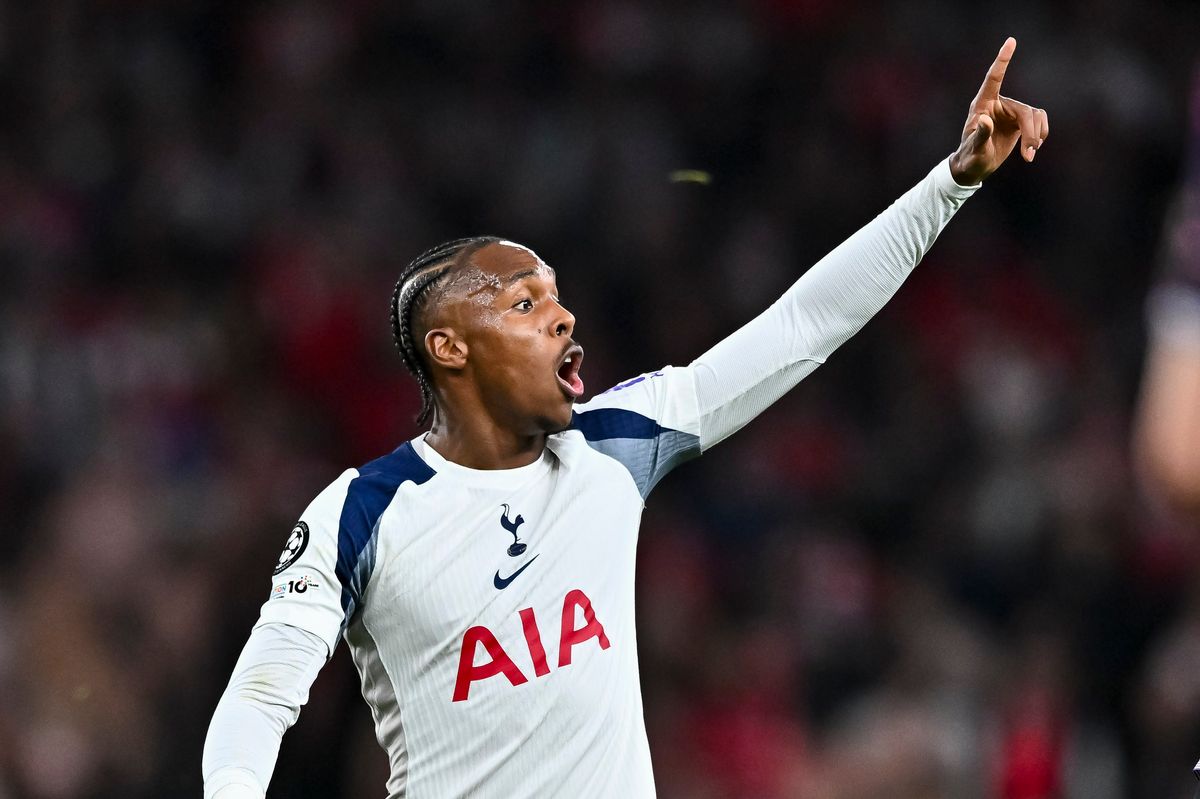 Mathys Tel in action during the Champions League match between Tottenham Hotspur and Slavia Prague