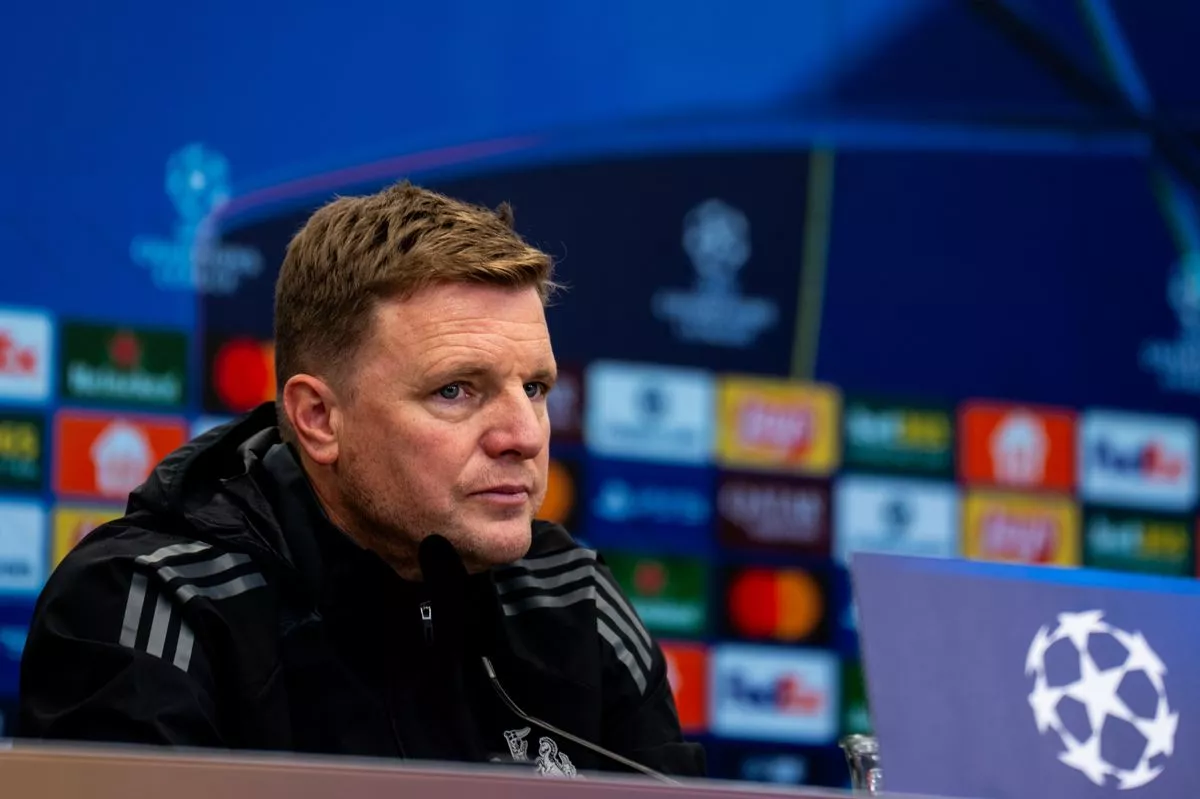 Newcastle United head coach Eddie Howe attends a press conference after the draw with Bayer Leverkusen