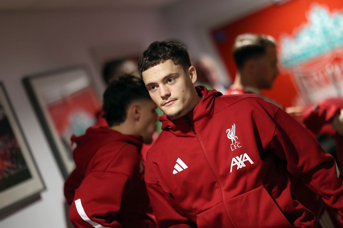 Florian Wirtz of Liverpool lines up with his teammates in the tunnel prior to the Premier League match between Liverpool and Brighton & Hove Albion at Anfield 