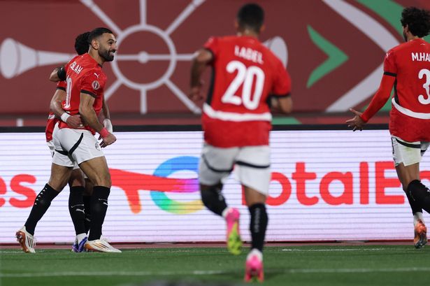 Mohamed Salah celebrates after scoring for Egypt against Zimbabwe. 