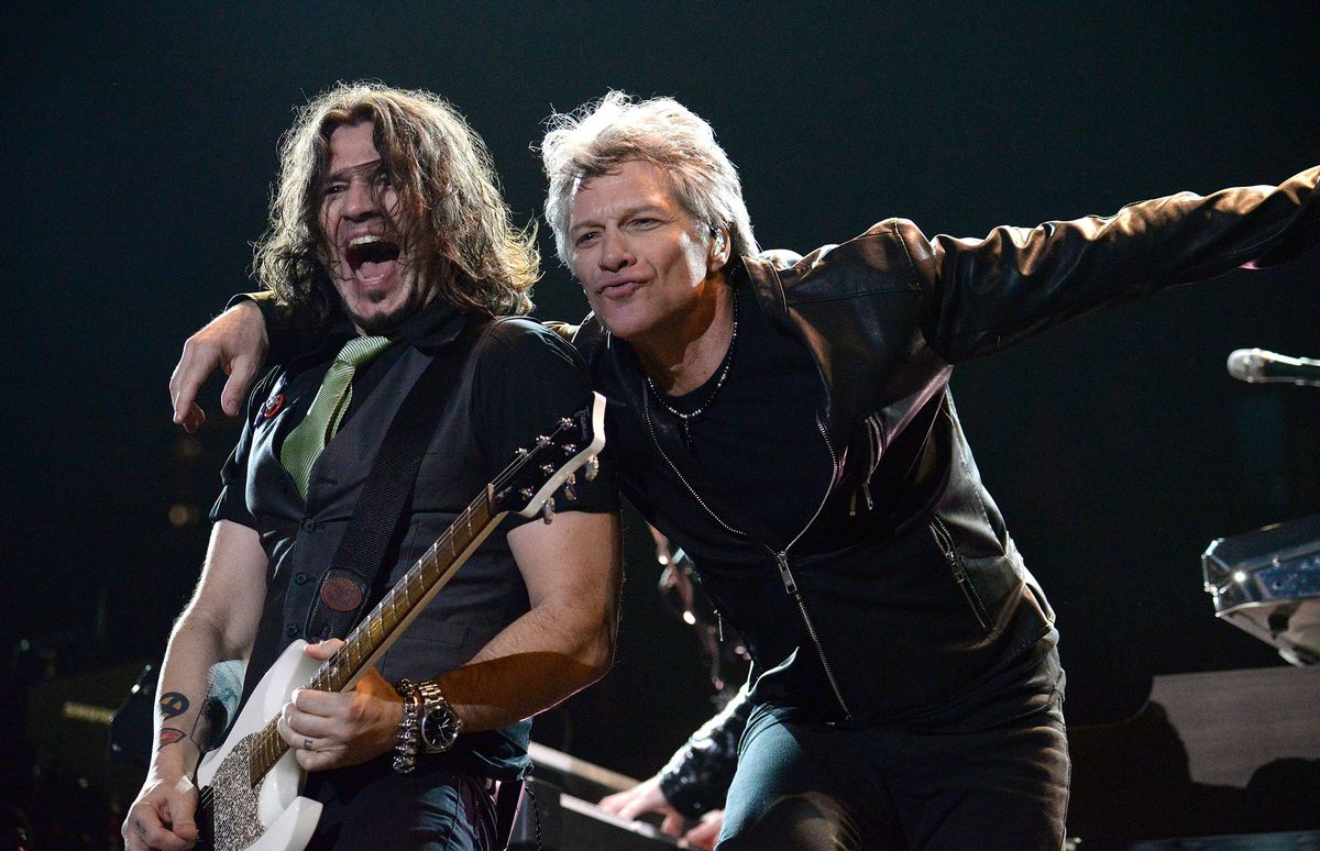INGLEWOOD, CA - MARCH 08:  Musicians Phil X and Jon Bon Jovi of the band Bon Jovi perform onstage at The Forum on March 8, 2017 in Inglewood, California.  (Photo by Scott Dudelson/Getty Images)