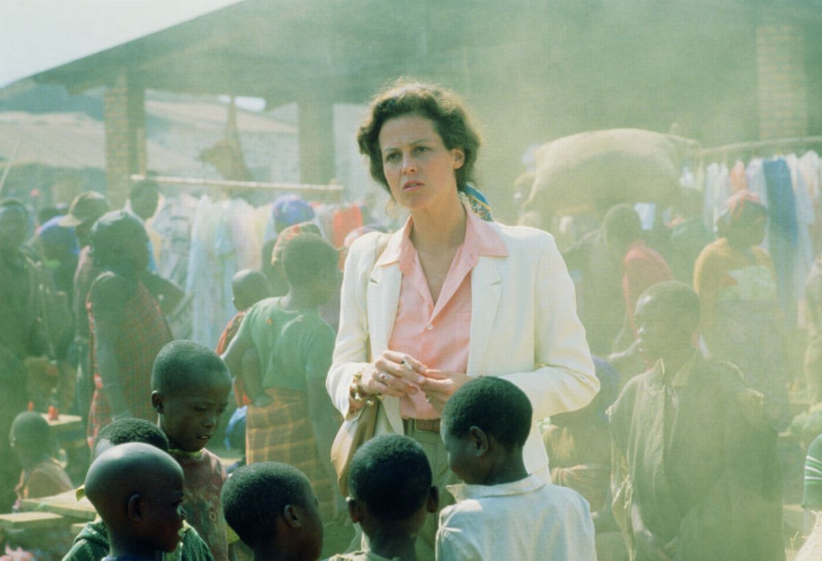 American actress Sigourney Weaver as naturalist Dian Fossey,