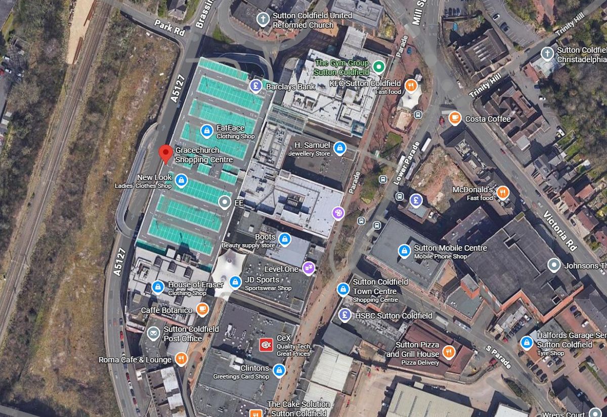 A Google Maps aerial satellite view of the top of the Gracechurch Centre in Sutton Coldfield