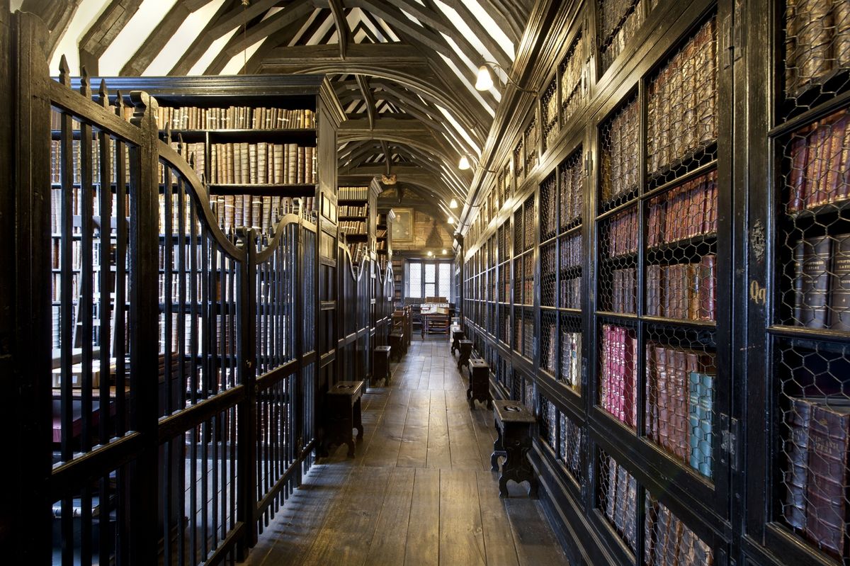 An internal view of Chetham's Library in Manchester.