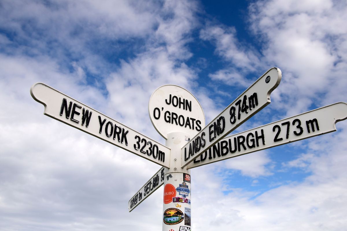 Group of road sign at John o' Groats, Canisbay, Highland, Scotland.