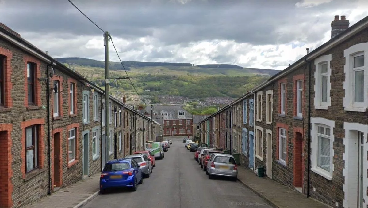 View down a terraced street called cobden street, aberdare