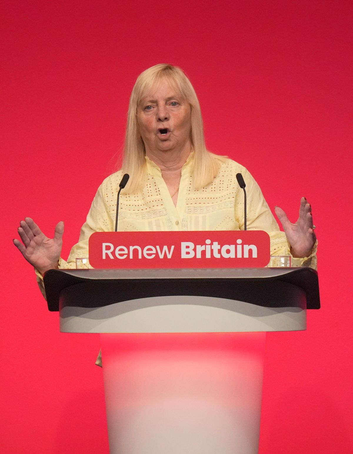 Hillsborough campaigner Margaret Aspinall, on stage ahead of Prime Minister Sir Keir Starmer delivering his keynote speech
