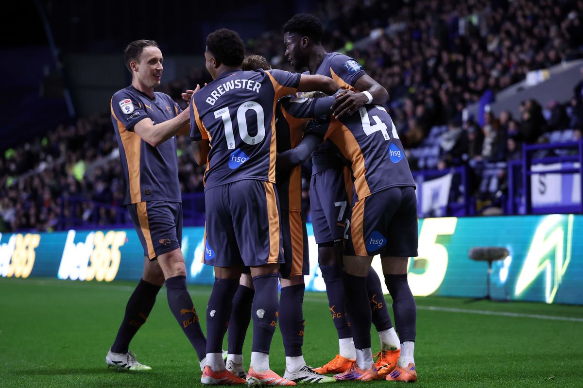 Derby County players celebrate against Sheffield Wednesday