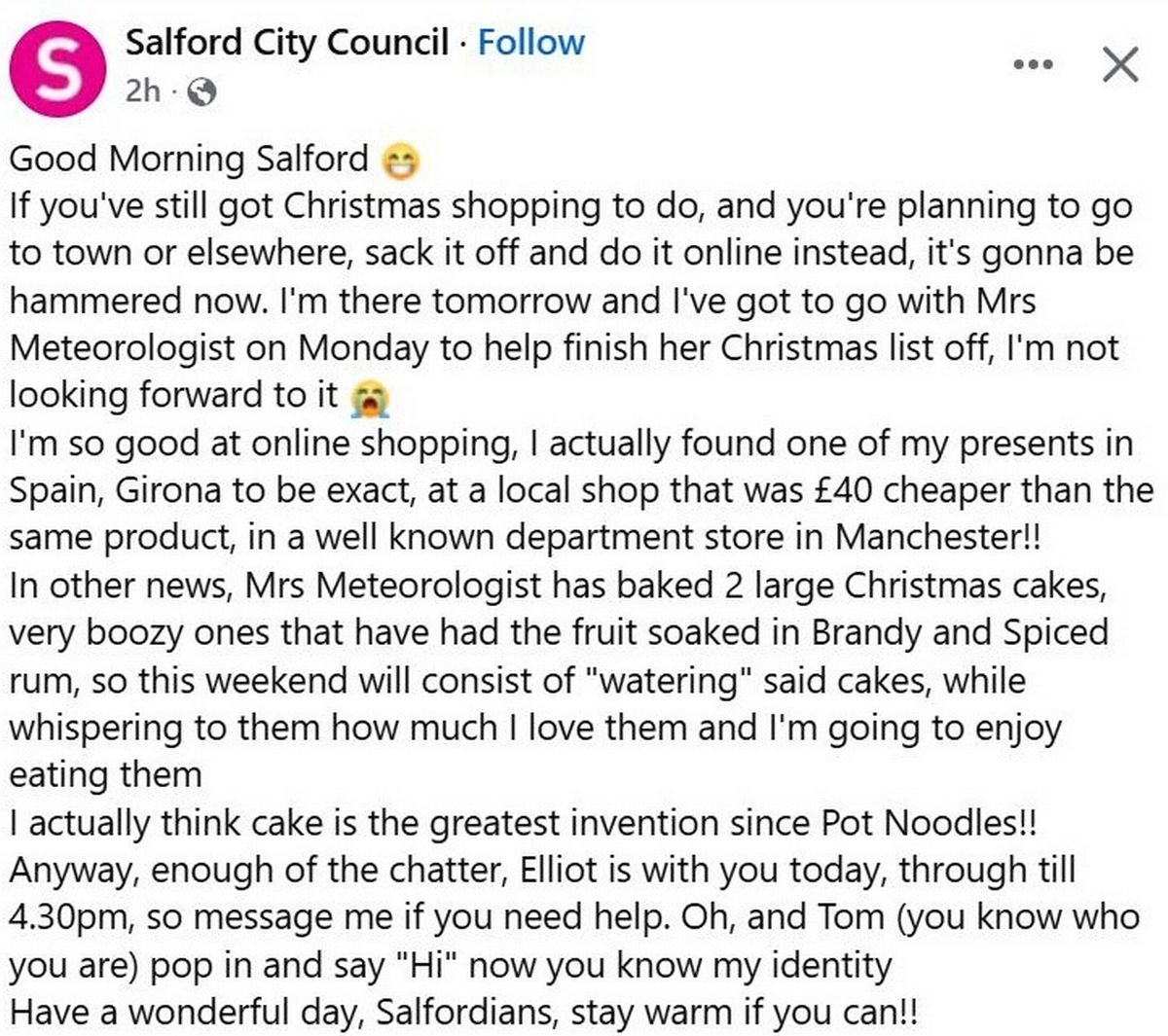 A post on Salford councils social media which was later deleted.