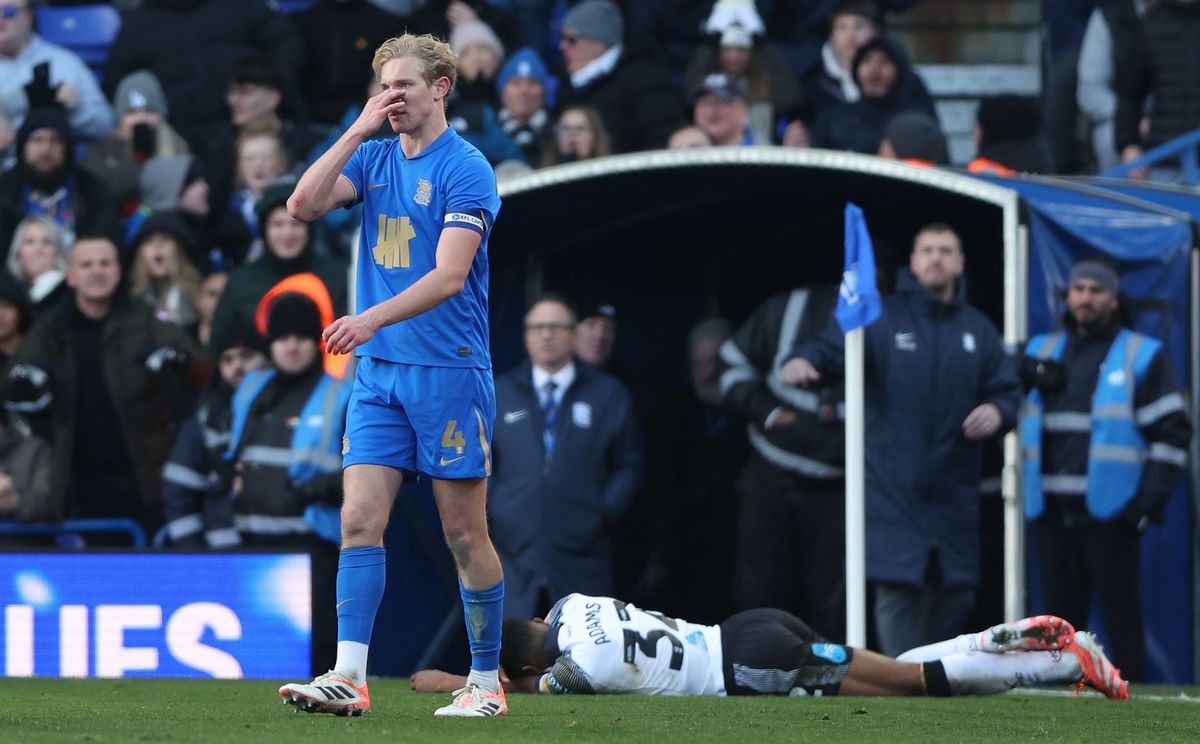 Birmingham City captain Christoph Klarer was sent off for a high foot on Derby County's Ebou Adams