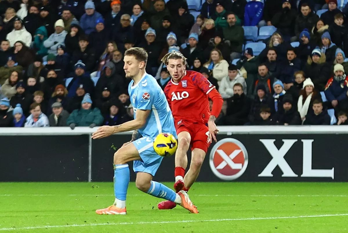 Jack Clarke of Ipswich Town scores the opening goal against Coventry City
