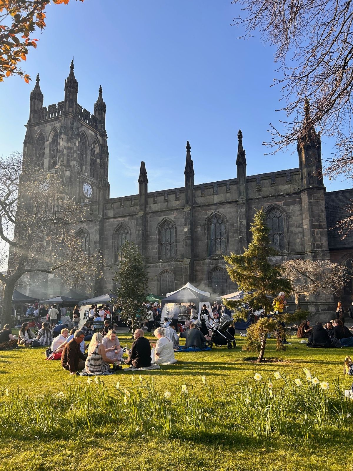 Outside the cathedral in Stockport during EatGoodWest, Asian night market