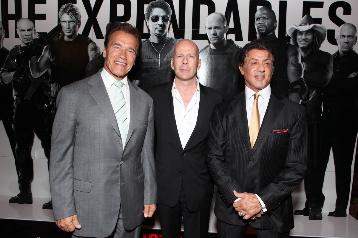 Gov. Arnold Schwarzenegger, Bruce Willis and Sylvester Stallone at Lionsgate's World Premiere of "THE EXPENDABLES" sponsored by Belstaff on August 03, 2010 at Grauman's Chinese Theatre in Hollywood, California.