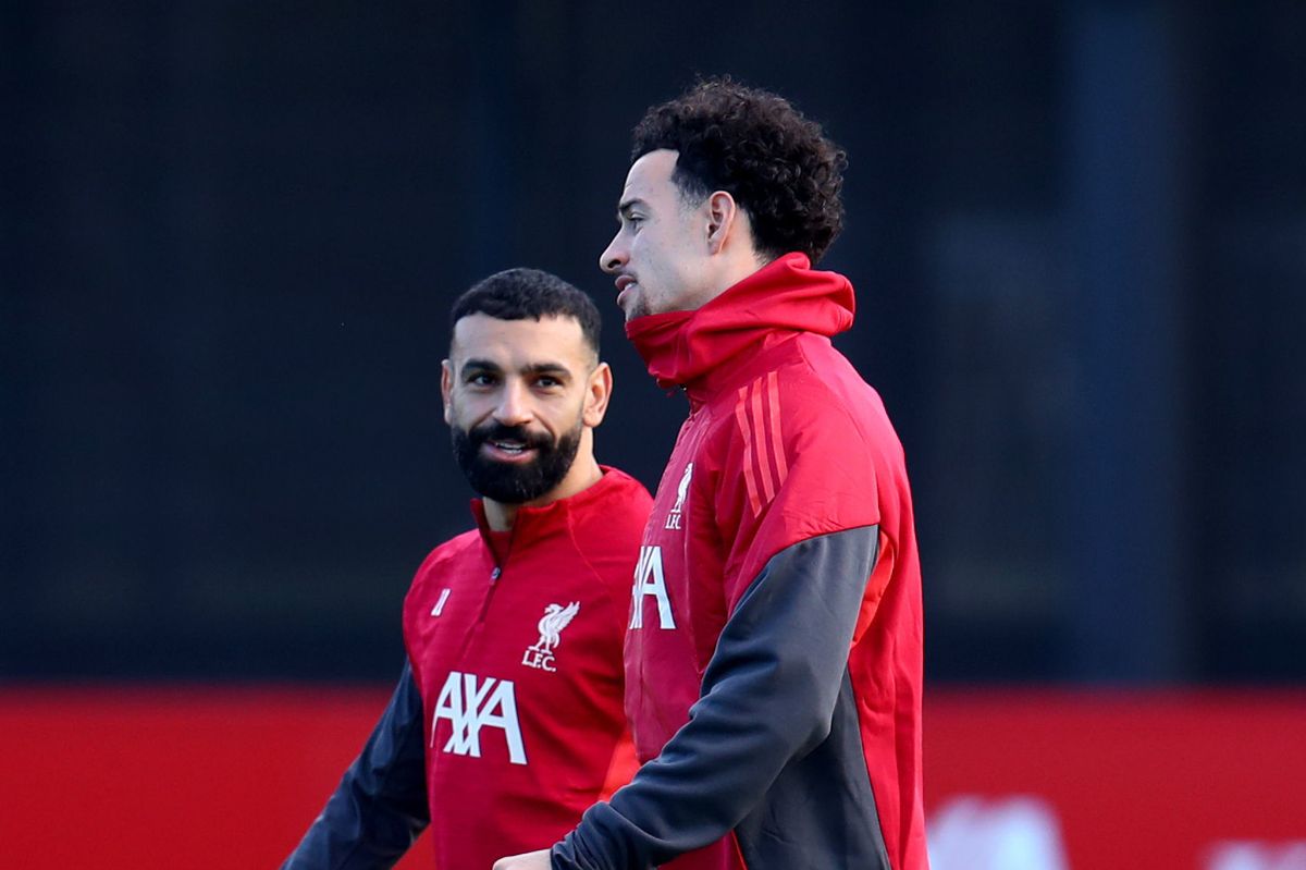 Mo Salah with Curtis Jones in Liverpool training