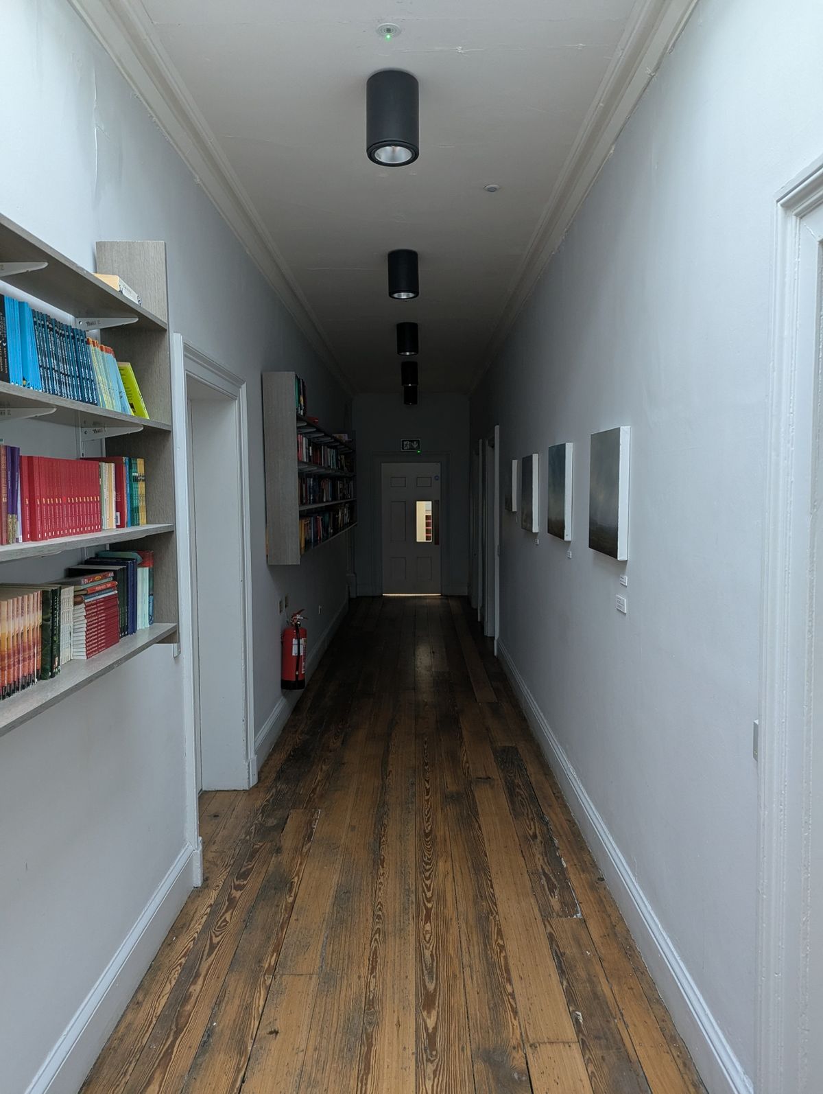 An unlit corridor with wooden flooring, lined with bookshelves and paintings. A fire extinguisher on the left wall and a wooden door with a small window in it at the end of the corridor.