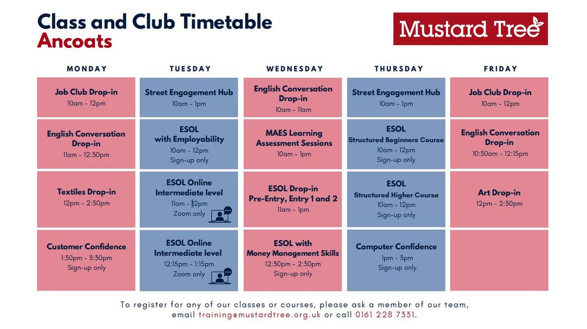 Here is the timetable for clubs and sessions at Mustard Tree's Ancoats site 