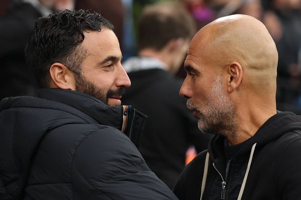 Ruben Amorim, Manager of Manchester United, embraces Pep Guardiola, Manager of Manchester City, prior to the Premier League match between Manchester City and Manchester United