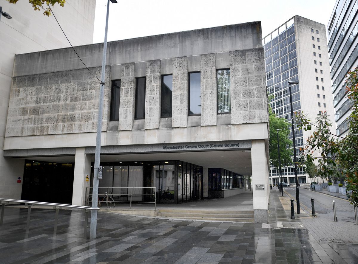 Caption: GV of Manchester Crown Court, Crown Square, Spinningfields, Manchester city centre