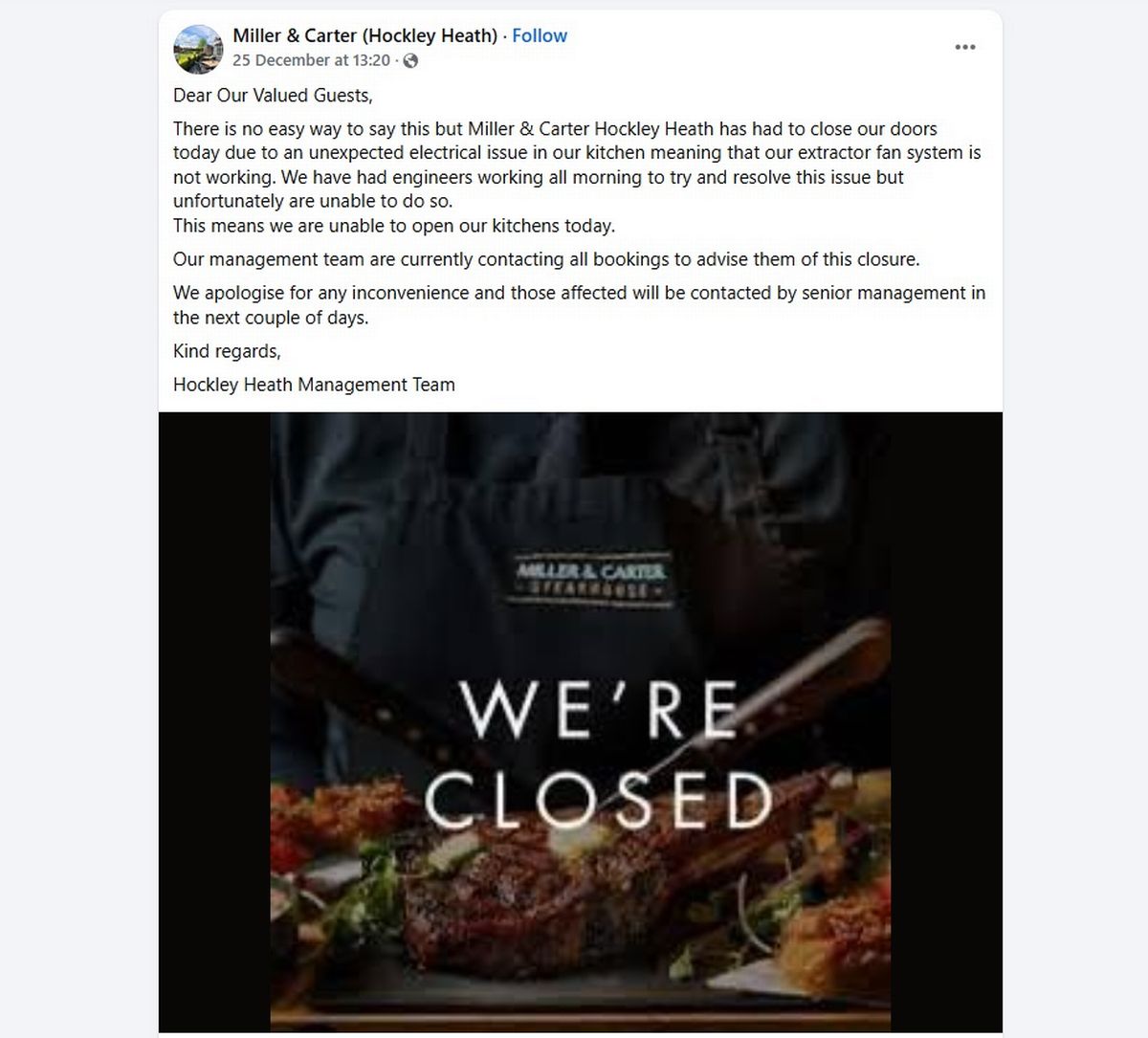 The Miller & Carter Hockley Heath's Facebook post about Christmas dinner cancellations 
