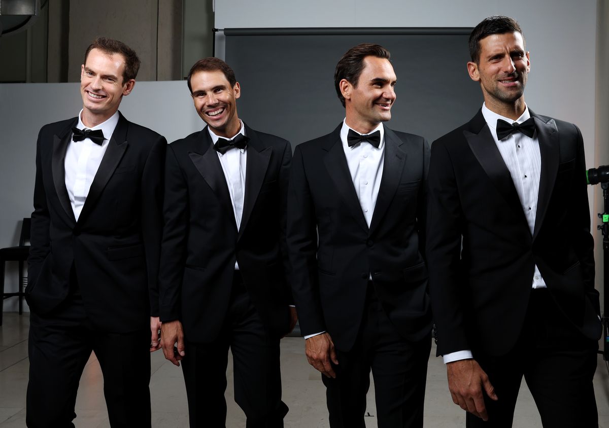 Andy Murray, Rafael Nadal, Roger Federer and Novak Djokovic of Team Europe pose for a photograph during a Gala Dinner at Somerset House ahead of the Laver Cup at The O2 Arena on September 22, 2022 in London, England. 