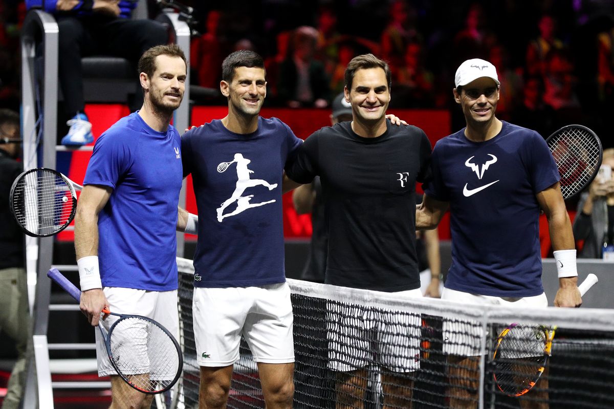 Andy Murray, Novak Djokovic, Roger Federer and Rafael Nadal of Team Europe pose for a photograph during a practice session 