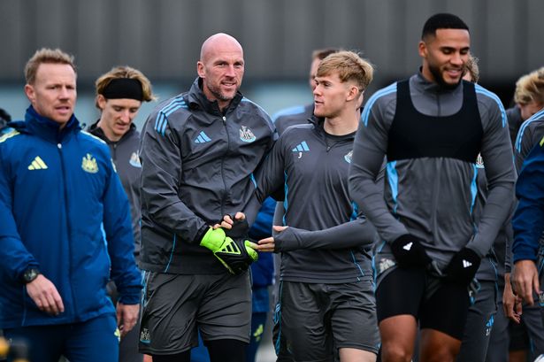 Newcastle United goalkeeper John Ruddy (centre left) and Lewis Hall 