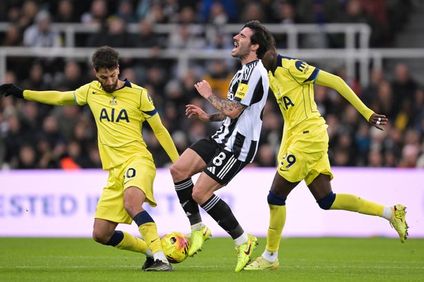 Pape Matar Sarr and Rodrigo Bentancur of Tottenham Hotspur foul Sandro Tonali of Newcastle United