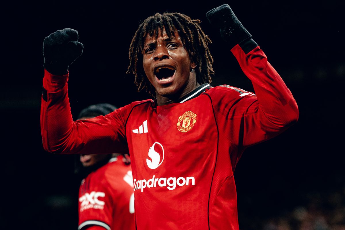 Patrick Dorgu celebrates after scoring for Manchester United against Newcastle United