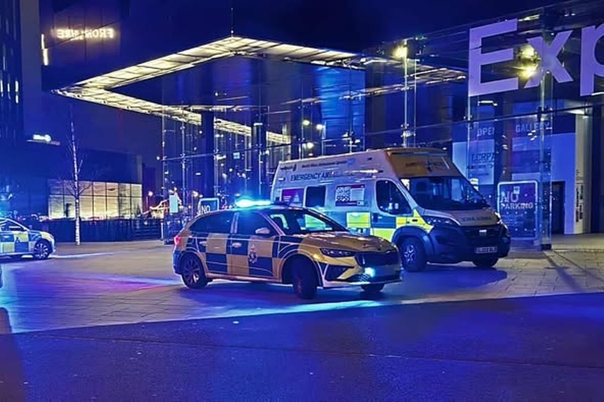 Police at the scene of an incident at Mann Island in Liverpool on December 21, 2025