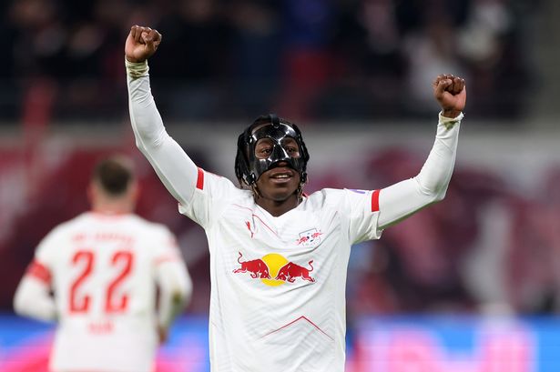 Yan Diomande celebrates a goal for RB Leipzig. 