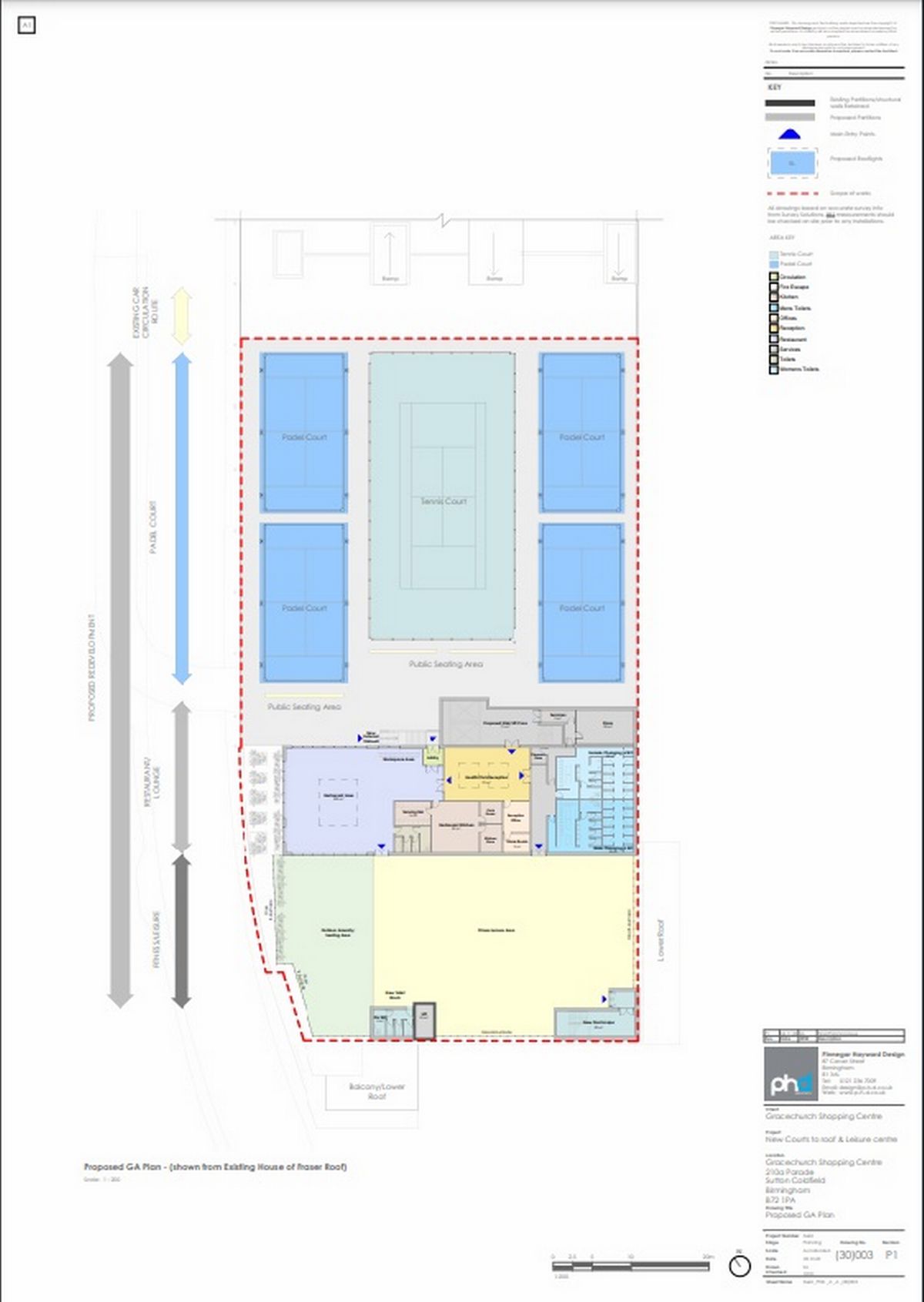 A plan view of the proposed new racket sports club and fitness centre on the top of the Gracechurch Centre in Sutton Coldfield 