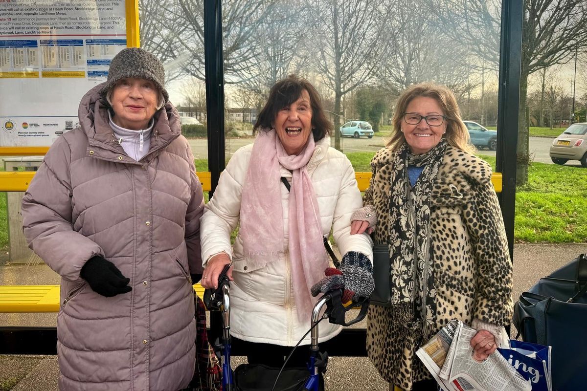 Rose (left), June Rowan (right) with friend (middle) at bus stop in Stockbridge Village