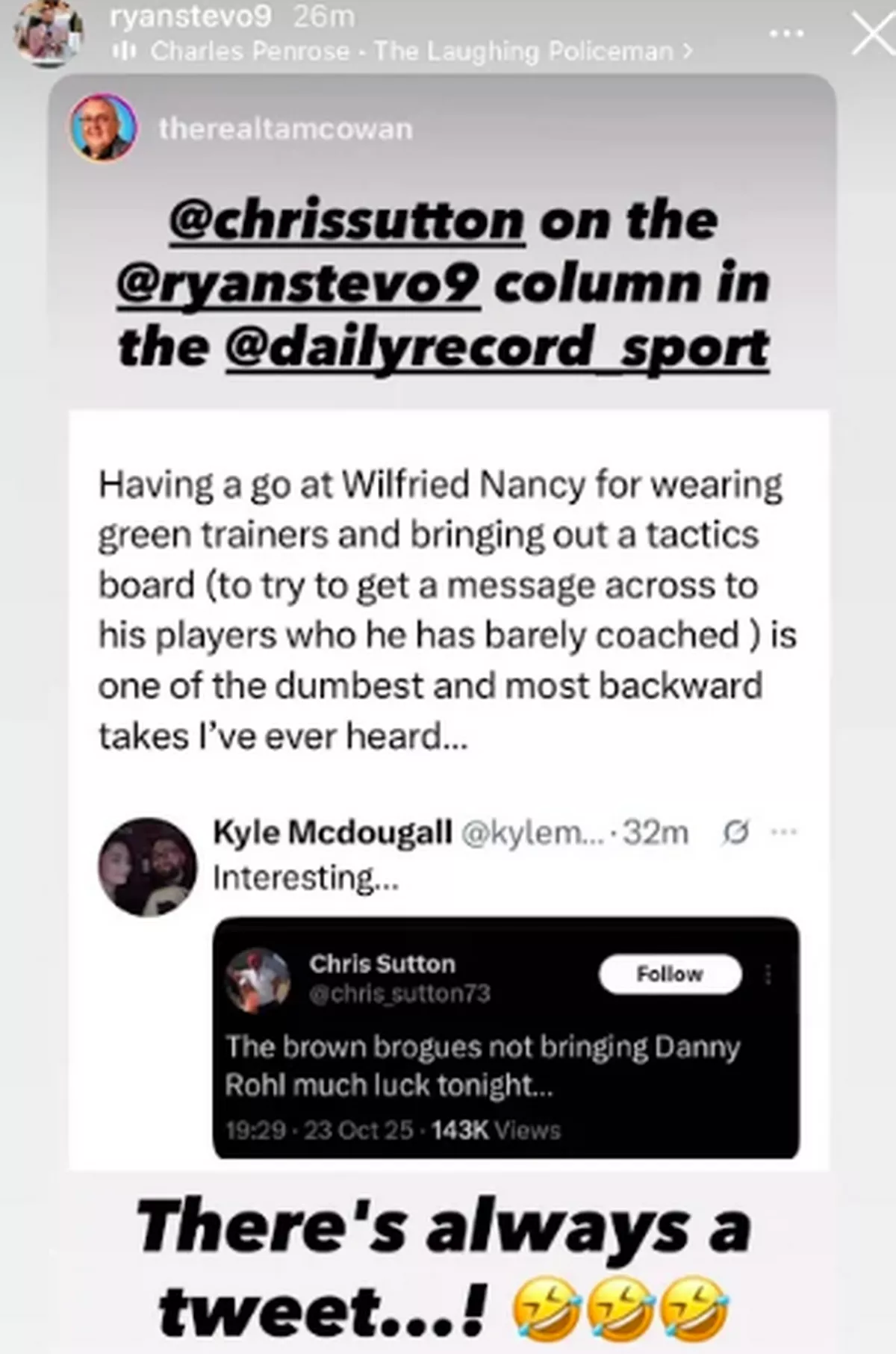 Ryan Stevenson posts to his Instagram story