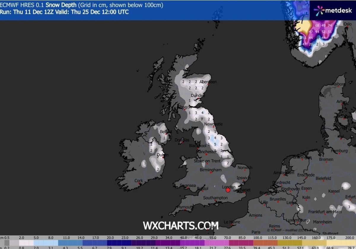 WXCharts latest forecast shows Christmas Day snow