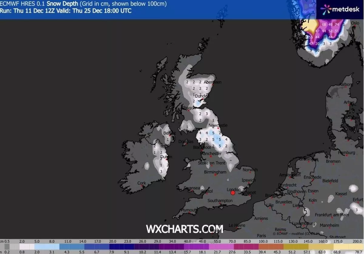 The WXCharts forecast for Christmas Day at 6pm
