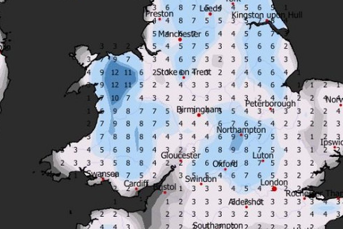 Map of UK showing white and blue across the country, representing the freezing temperatures
