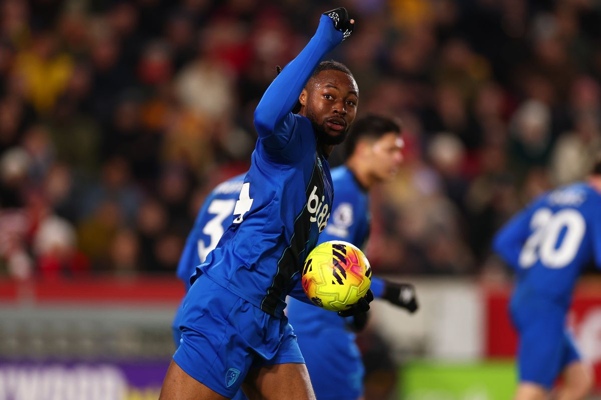 Antoine Semenyo of Bournemouth celebrates after he scored for 3-1  during the Premier League match between Brentford and Bournemouth