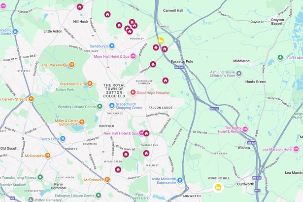 A map showing the 15 sites across Sutton Coldfield's Green Belt proposed for housing developments (with red house icons) and two sites proposed for industrial use (with yellow factory icons)