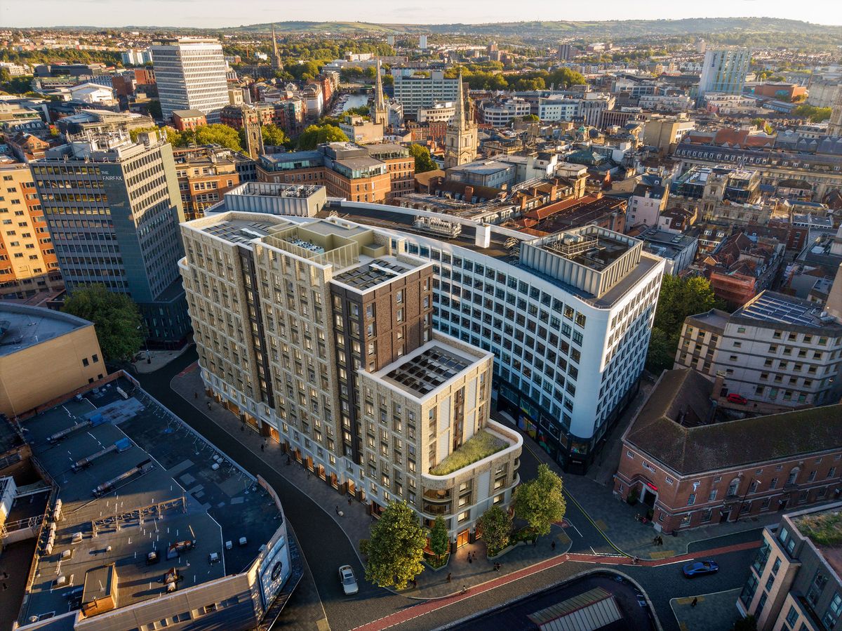 Artist's impression of a proposed PBSA development for 300 students on the site of Nelson Street multi-storey car park in Bristol City Centre