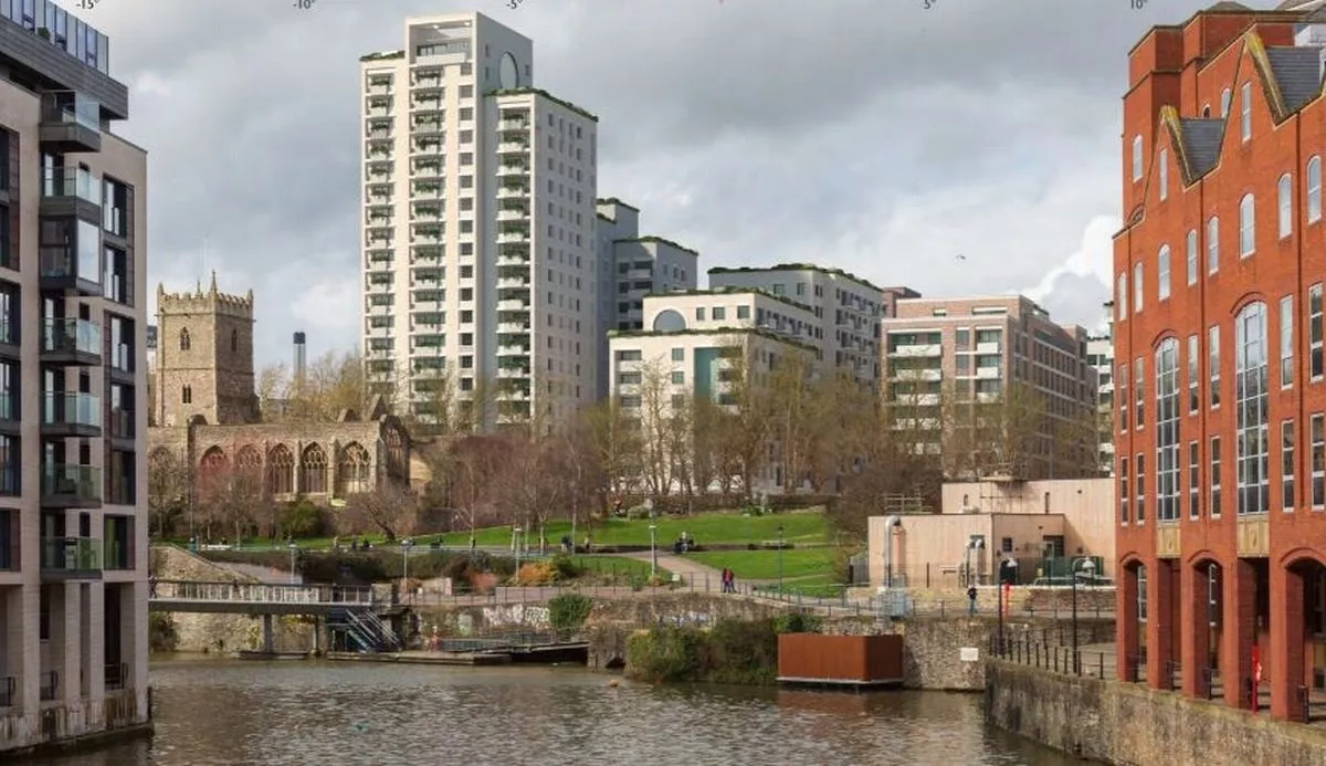 'Block visuals' showing the extent of the redevelopment of the site of the Galleries shopping centre in Bristol city centre. Another view with more detailed buildings, looking across Castle Park from St Philips Bridge