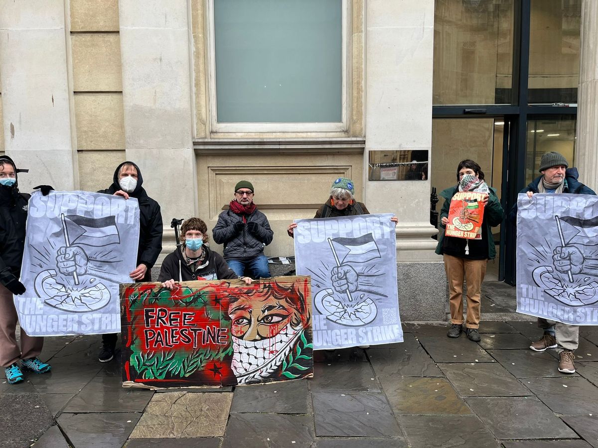 Protesters outside Bristol Crown Court on Wednesday, December 17, 2025 highlighting the case of Qesser Zuhrah, on Day 46 of her hunger strike while on remand in prison as one of the 'Filton 24'