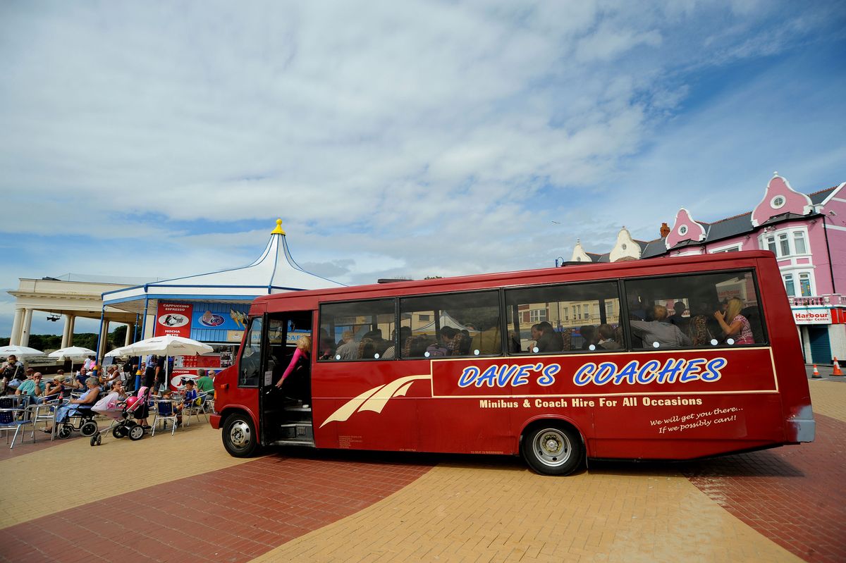 Pictured is the big maroon bus at Barry Island