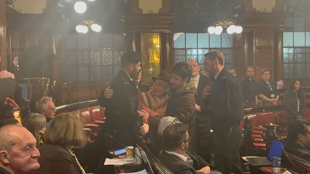 Demonstrators took to the Town Hall this evening