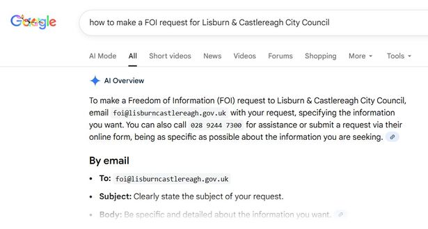 Google advice on how to send a FOI request to Lisburn & Castlereagh City Council still shows the email address