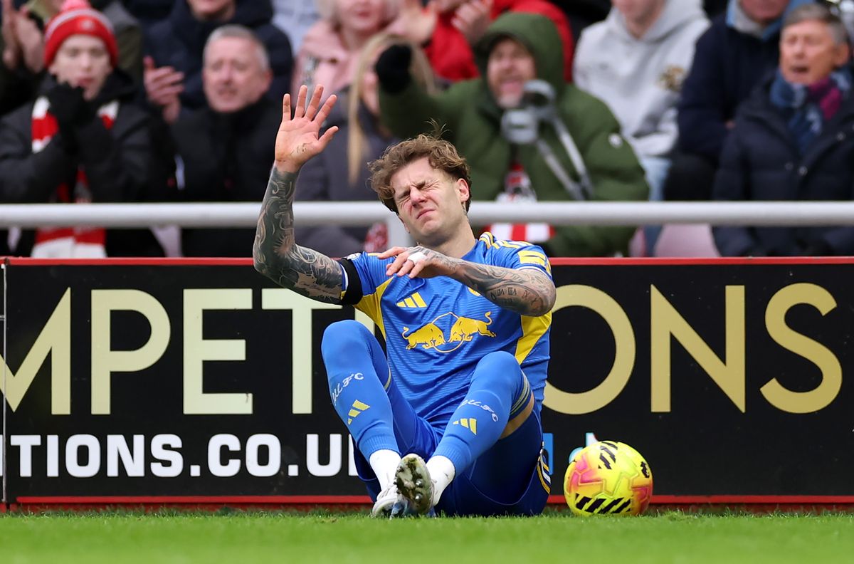 Joe Rodon of Leeds United goes down injured during the Premier League match between Sunderland and Leeds United