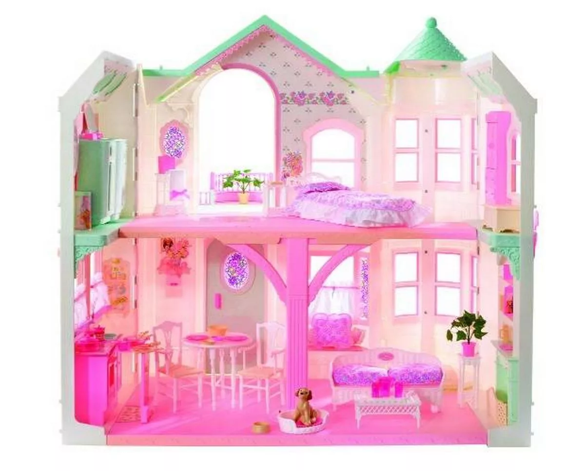 An image of a multi-story dollhouse, predominantly pink with green accents, featuring multiple rooms and furniture. The house has various decorative elements, including windows, doors, and balconies, all arranged on a white background.