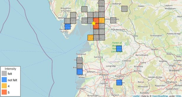 Areas where the earthquake was felt, marked in grey, amber and orange