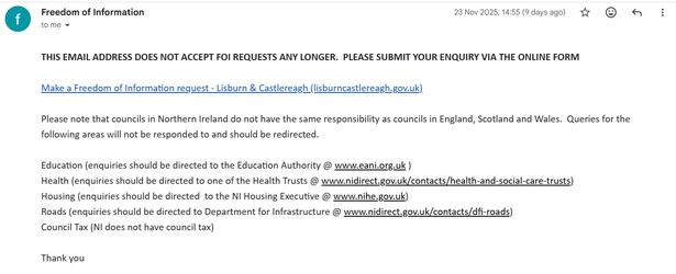The message applicants should receive back if they try and send an email to the council's foi address
