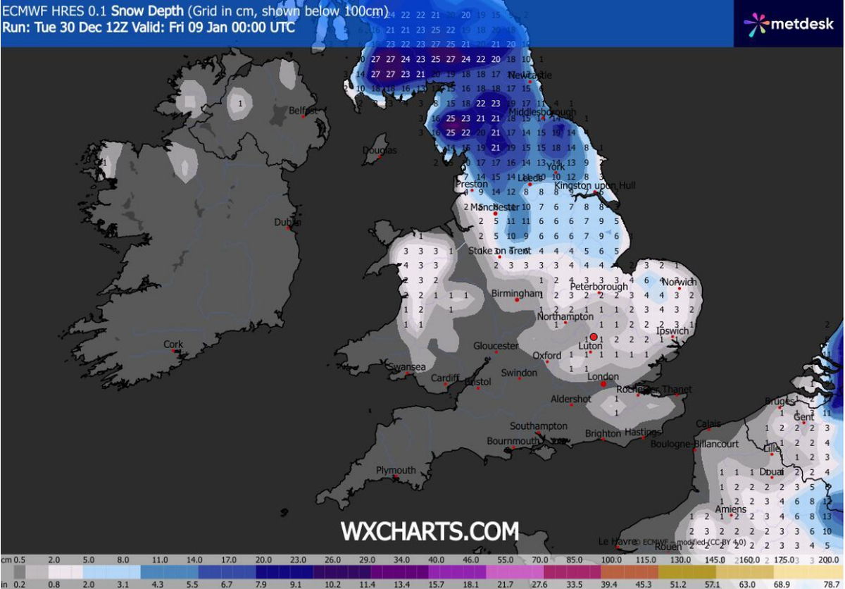 A WXCharts map for midnight Thursday Jan 8 into Friday Jan 9